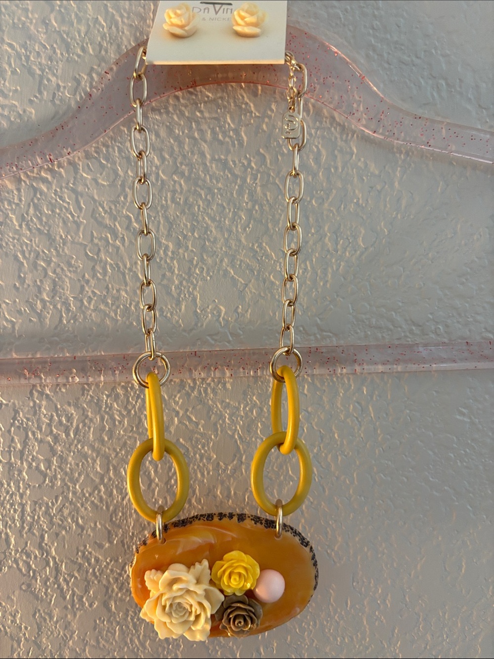 DaVinci Yellow Floral Resin Pendant Necklace with Gold Chain